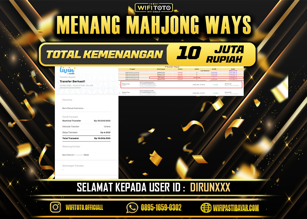 WIFITOTO JACKPOT SLOT MAHJONG WAYS Rp.10.000.000,- LUNAS
