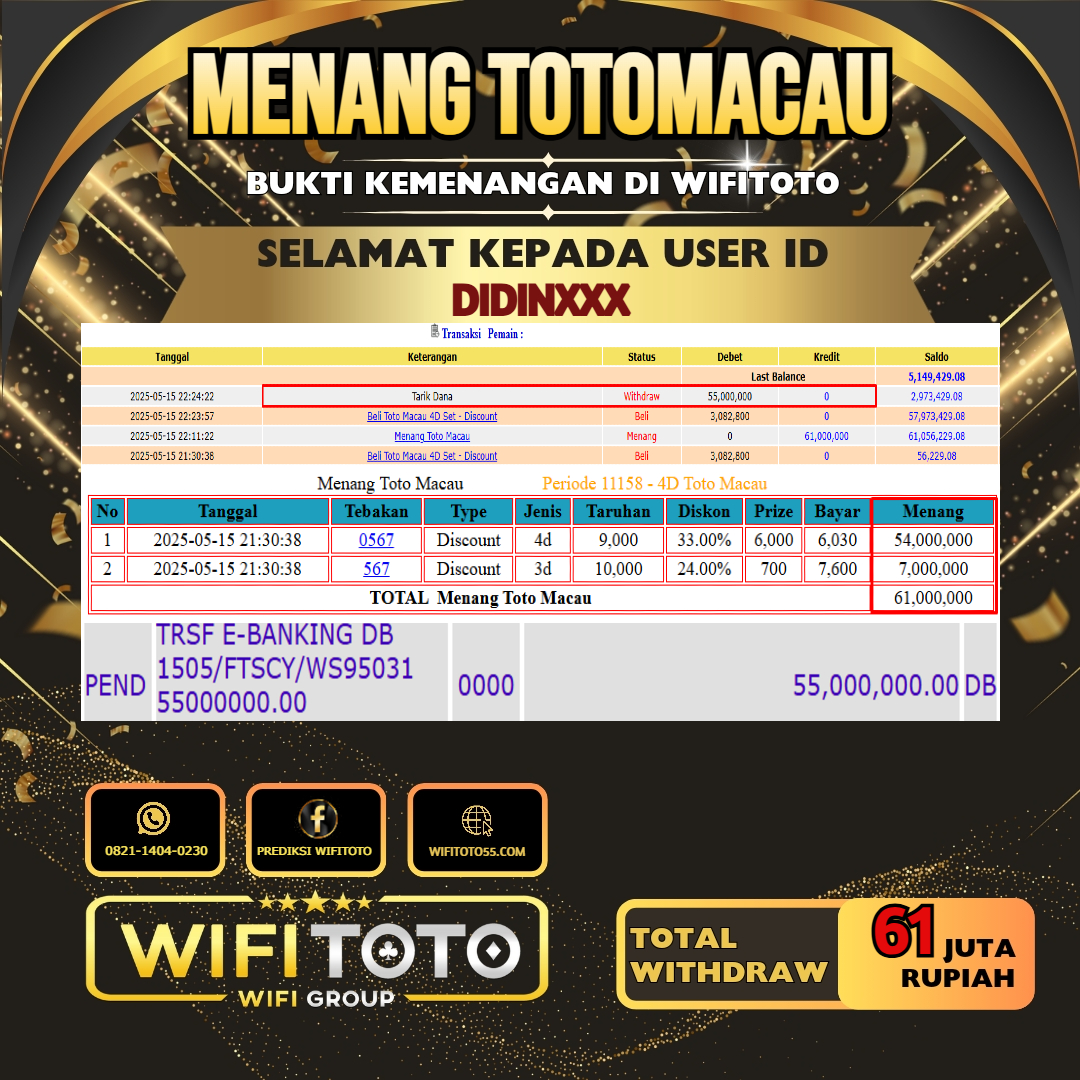 WIFITOTO JACKPOT TOGEL PASARAN TOTOMACAU RP.61N.000.000.,-LUNAS USER ID : DIDIN*****