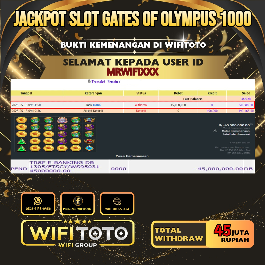WIFITOTO JACKPOT SLOT GATES OF OLYMPUS 1000 RP.45.000.000.,-LUNAS USER ID : MRWIFI*****