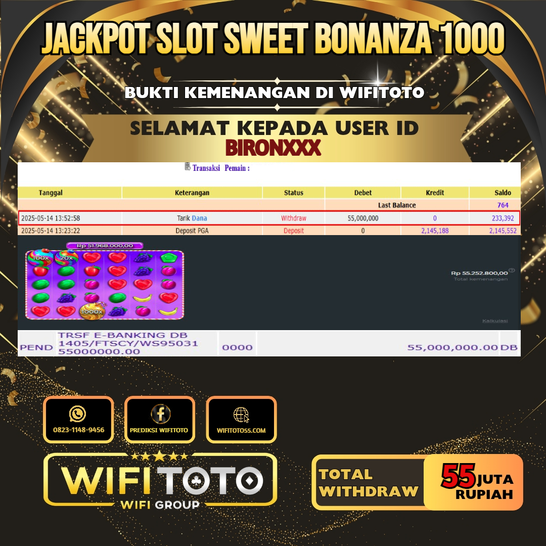 WIFITOTO JACKPOT SLOT SWEET BONANZA 1000 RP.55.000.000.,-LUNAS USER ID : BIRON*****