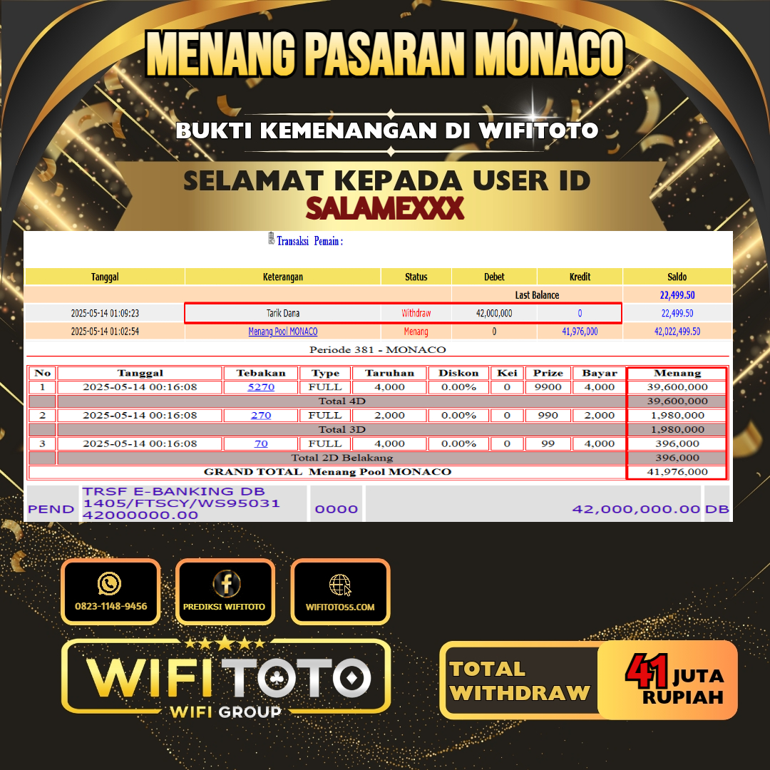 WIFITOTO JACKPOT TOGEL PASARAN MONACO RP.41.000.000.,-LUNAS USER ID : SALAME*****
