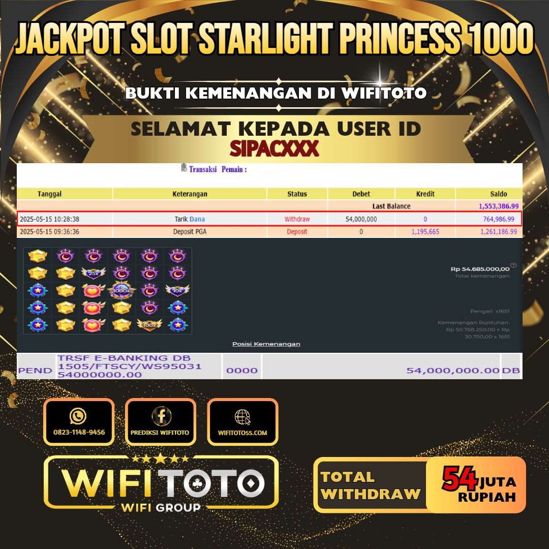 WIFITOTO JACKPOT SLOT STARLIGHT PRINCESS 1000 RP.54.000.000.,-LUNAS USER ID : SIPAC*****