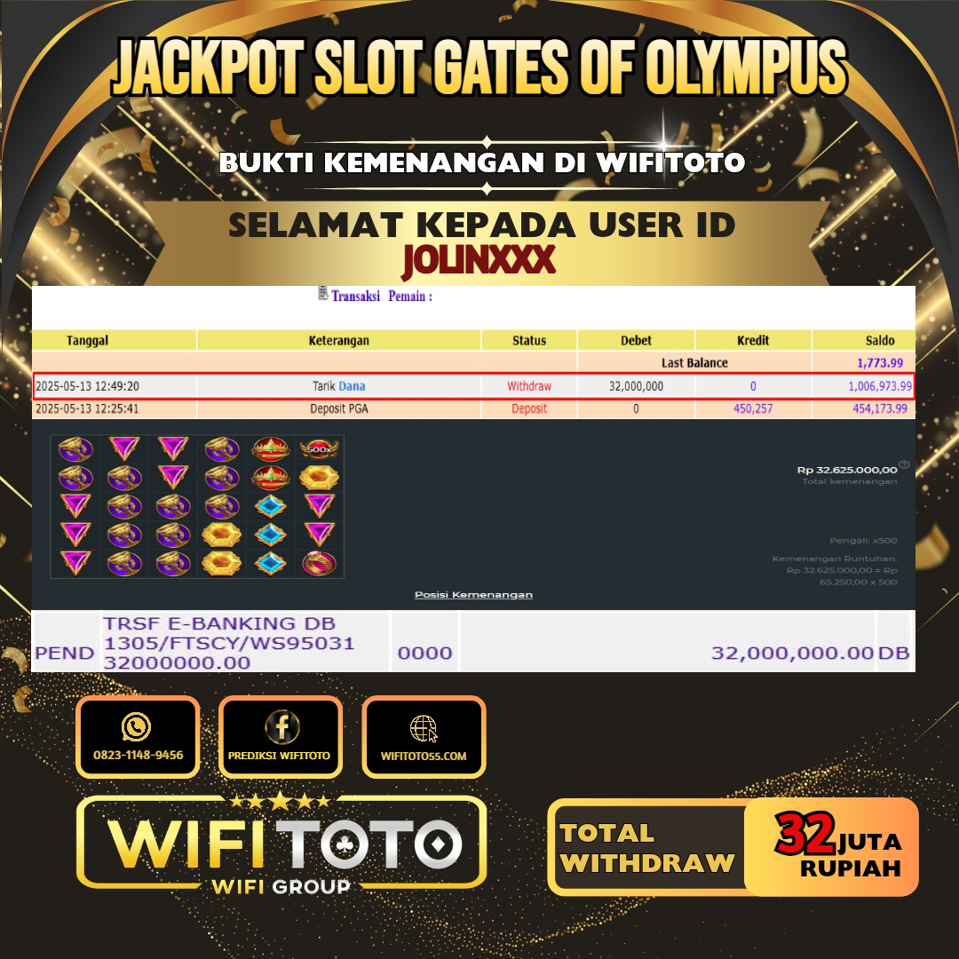 WIFITOTO JACKPOT SLOT GATES OF OLYMPUS RP.32.000.000.,-LUNAS USER ID : JOLIN*****