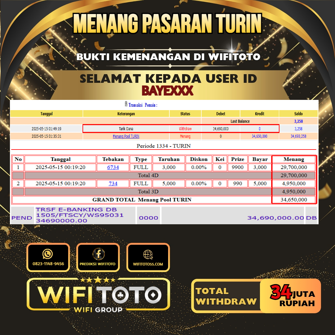 WIFITOTO JACKPOT TOGEL PASARAN TURIN RP.34.000.000.,-LUNAS USER ID : BAYE*****