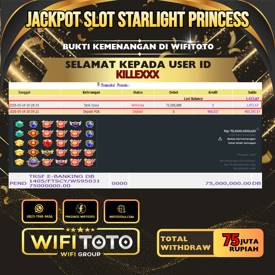 WIFITOTO JACKPOT SLOT STARLIGHT PRINCESS RP.75.000.000.,-LUNAS USER ID : KILLE*****
